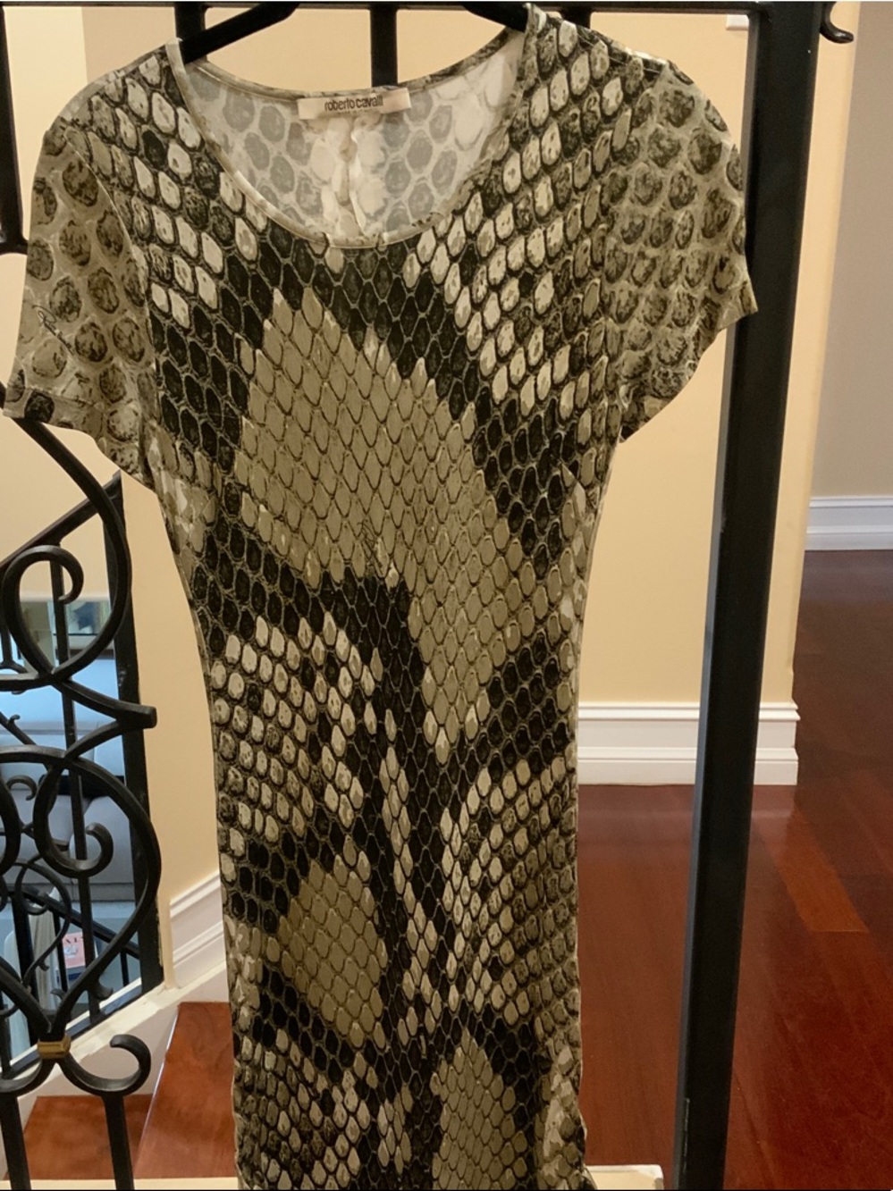 Roberto Cavalli Olive Green and Black Snake Print Long Sleeve Dress